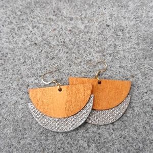 Tan/ Geometric Shaped/ Wood Statement Earrings w/ Shimmer Detail by J.Monique